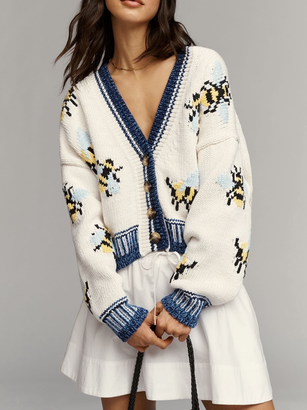 Anthropologie Bee Cardigan Sweater Maeve Icon Chunky New XL Ivory Bumblebee - Picture 2 of 15
